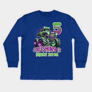 Monster Truck Birthday Tee 5th Birthday Boy Gift Awesome Since 2019 Tee Custom Monster Truck Tee Kids Long Sleeve T-Shirt